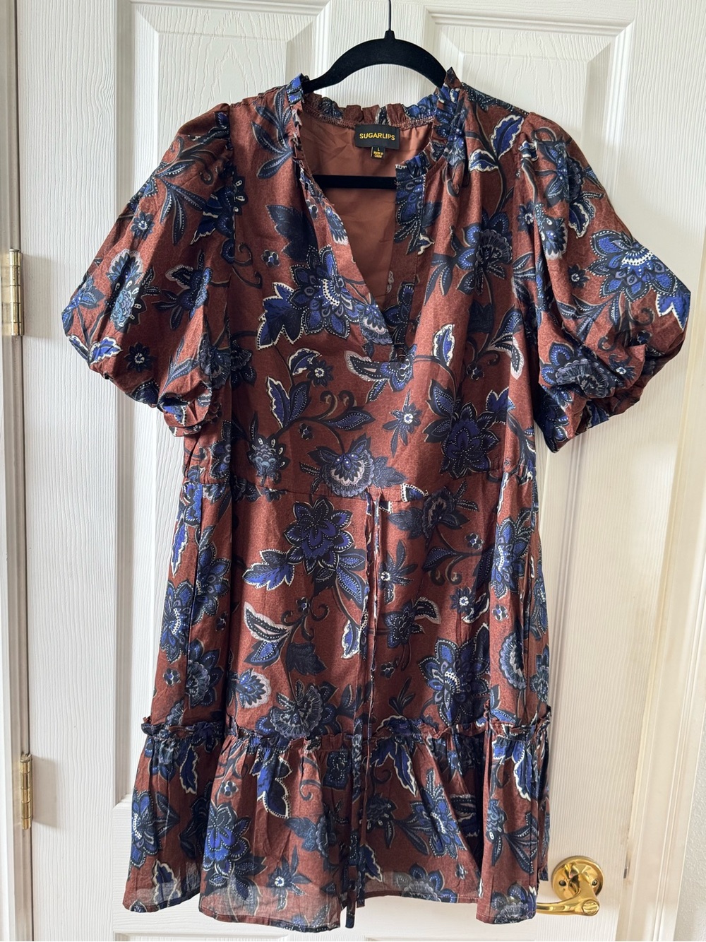 Sugarlips Rust and Navy Floral Ruffle Blouse